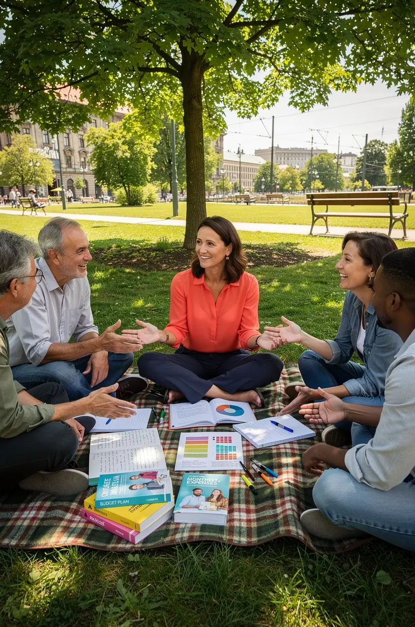 Obrázek spokojené rodiny diskutující o rozpočtu doma s dostupnými knihami a materiály pro finanční vzdělávání
